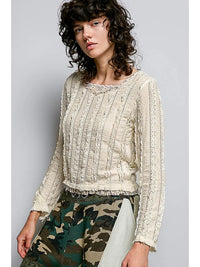 Textured Long Sleeve Knit Top with Lace Trim and Ruffle Hem Cream