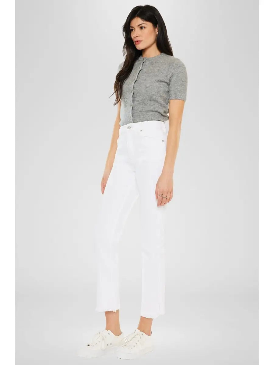 High Rise White Straight Leg Cropped Jeans with Raw Hem