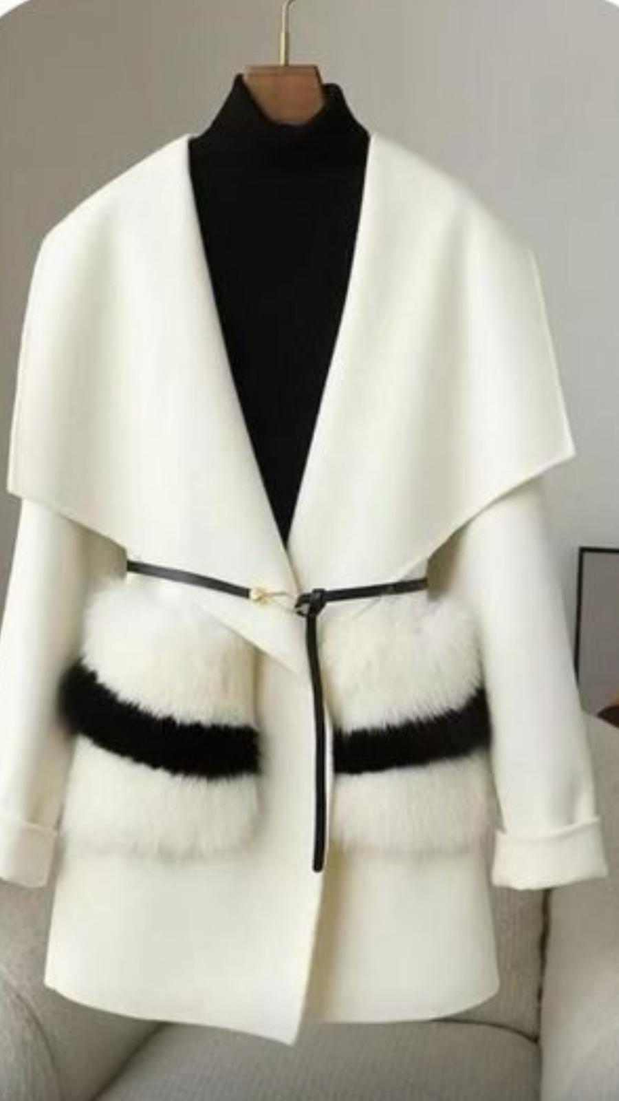Off White Cashmere Belted Coat with Fox Fur Pockets