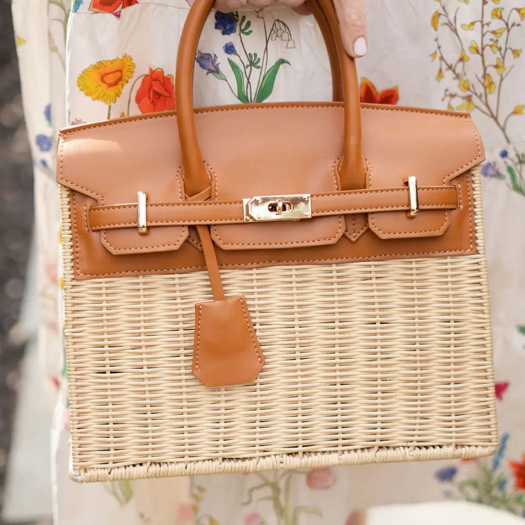 Woven Straw and brown Leather Top Handle Tote Bag