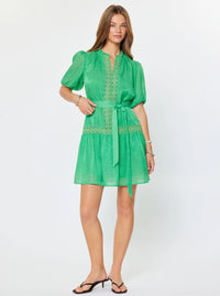 Emerald Green Lace Trim Tie Waist Mini Dress with Puff Sleeves