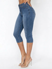Classic Blue High Waisted Capri Denim Pants with Stretch Fit