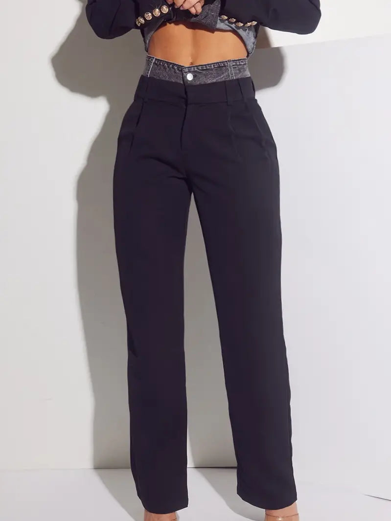 Black Tailored Pants with Gray Wash Waistband Detail