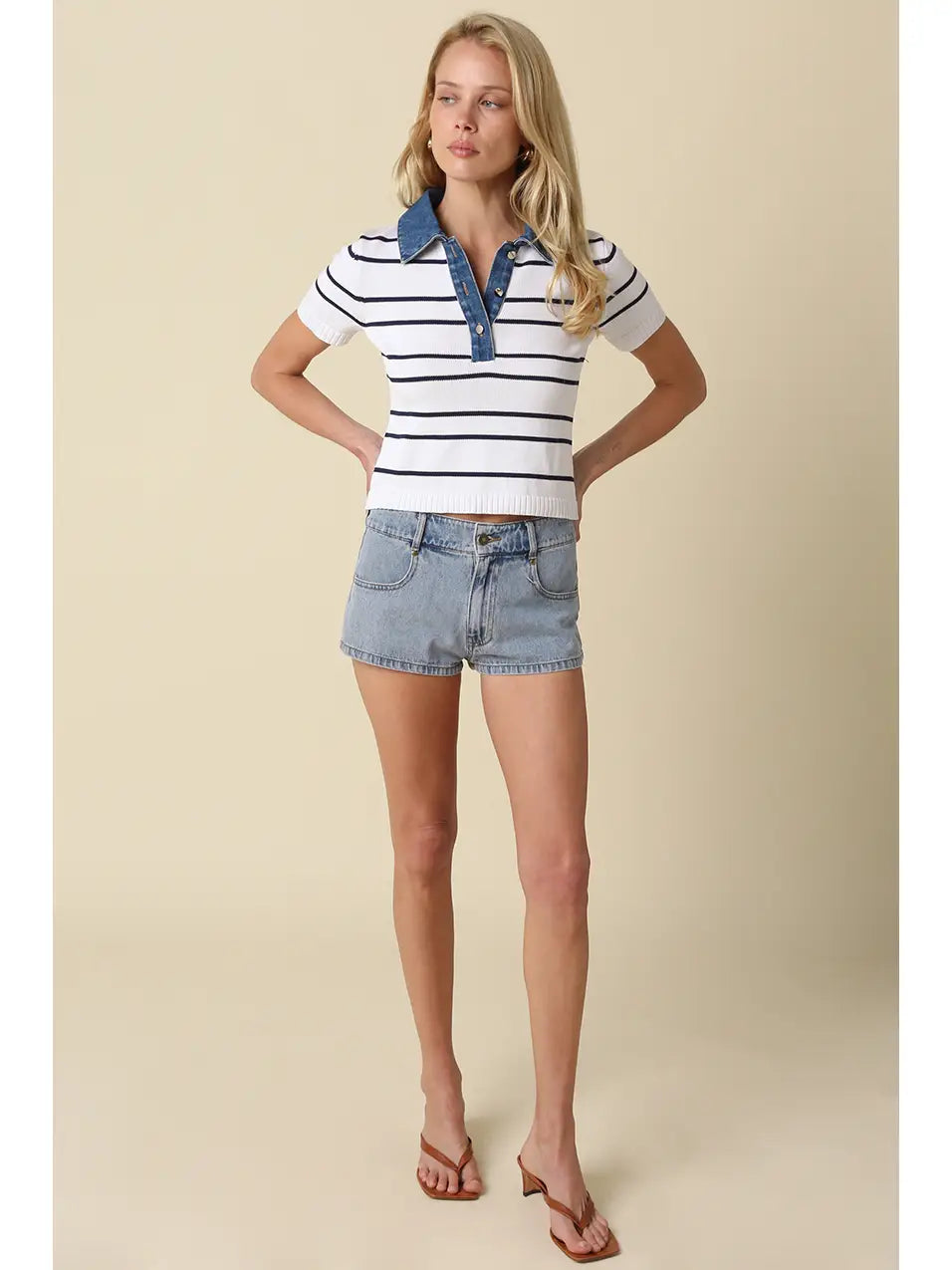 Striped Knit Polo Top with Denim Collar and Cropped Fit