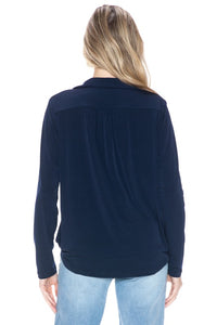 Navy Long Sleeve Surplice Blouse – Soft Draped V-Neck Collared Top