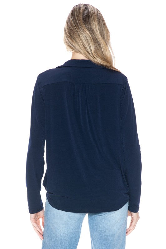 Navy Long Sleeve Surplice Blouse – Soft Draped V-Neck Collared Top