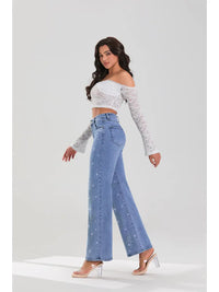 High Waist Rhinestone Floral Embroidered Flare Jeans