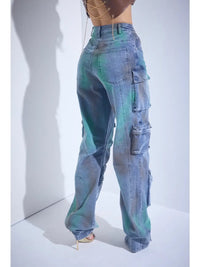 Distressed Cargo Flare Jeans with Side Pockets