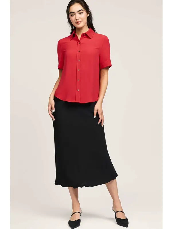 Red Button Front Short Sleeve Blouse