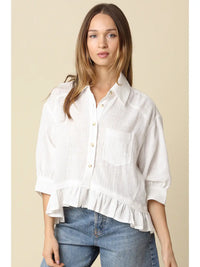 Lightweight Ruffle Hem Button-Up Blouse with Puff Sleeves in White