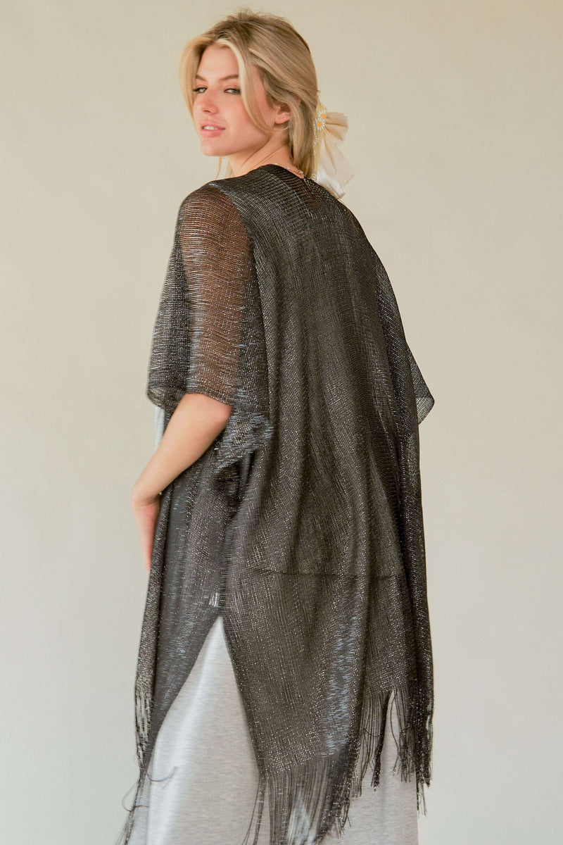 GLITTER TASSEL MESH 1/2 SLEEVE LOOSE FIT KIMONO COVER UP