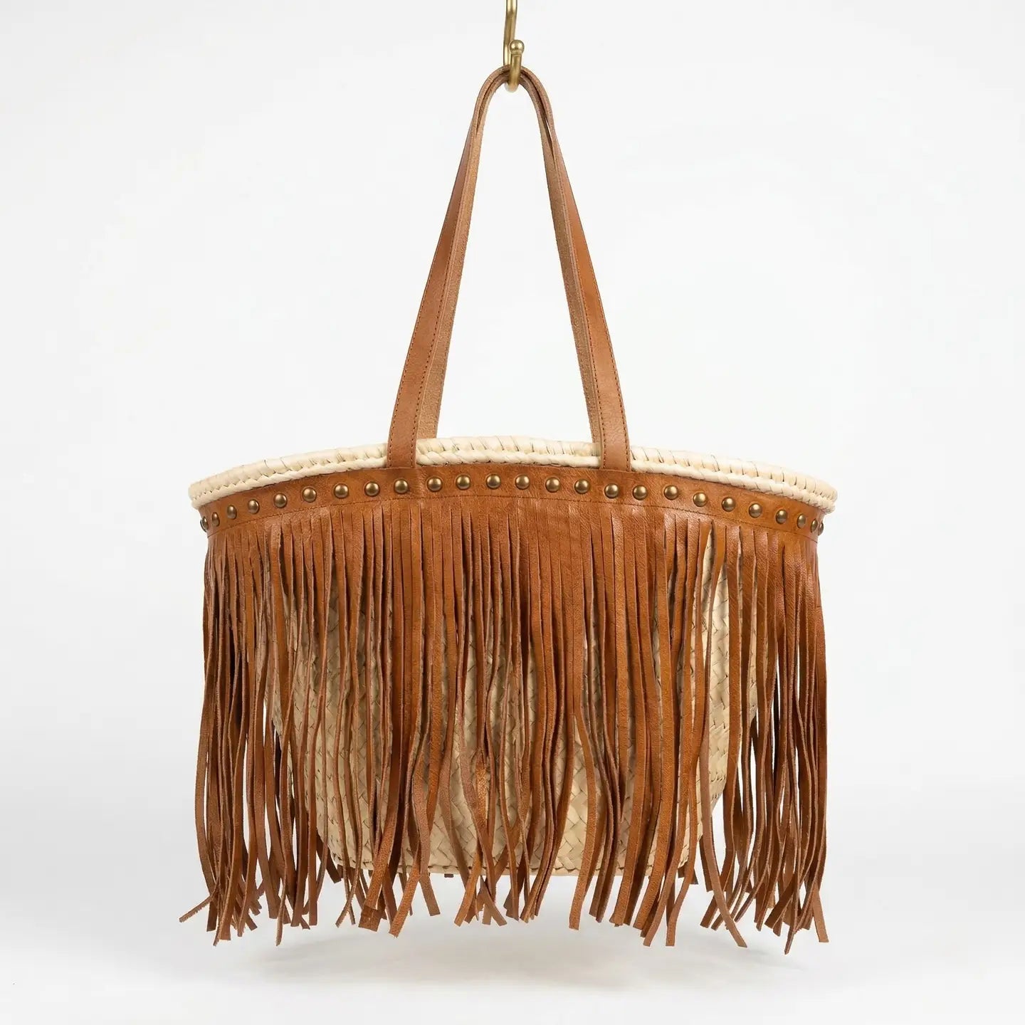 Fringe Leather Trim Moroccan Straw Brown Tote Boho Beach Market Bag