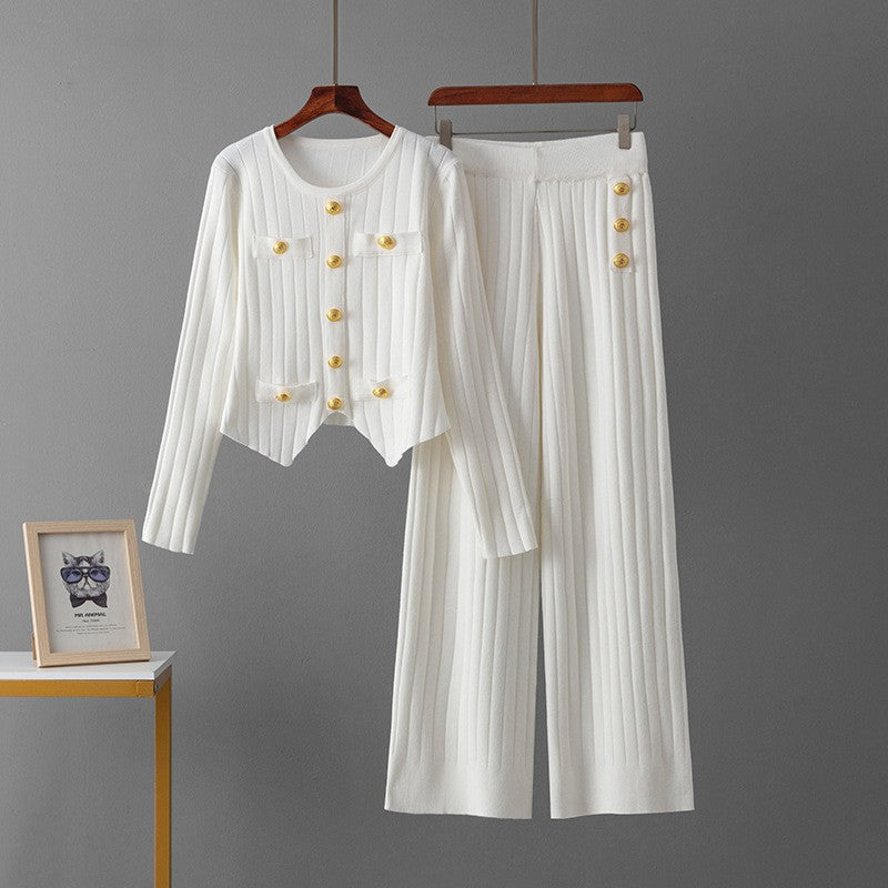 Ribbed Knit Two-Piece Set with Gold Button Accents White