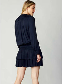 Navy Pleated Tiered Mini Dress with Smocked Waist and Long Sleeves