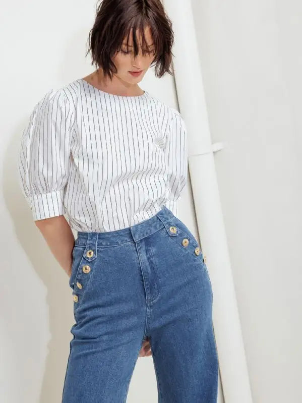 High-Waisted Flare Denim Jeans with Gold Button Detail
