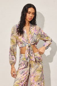 Tropical Lilac & Green Tie-Front Sheer Blouse