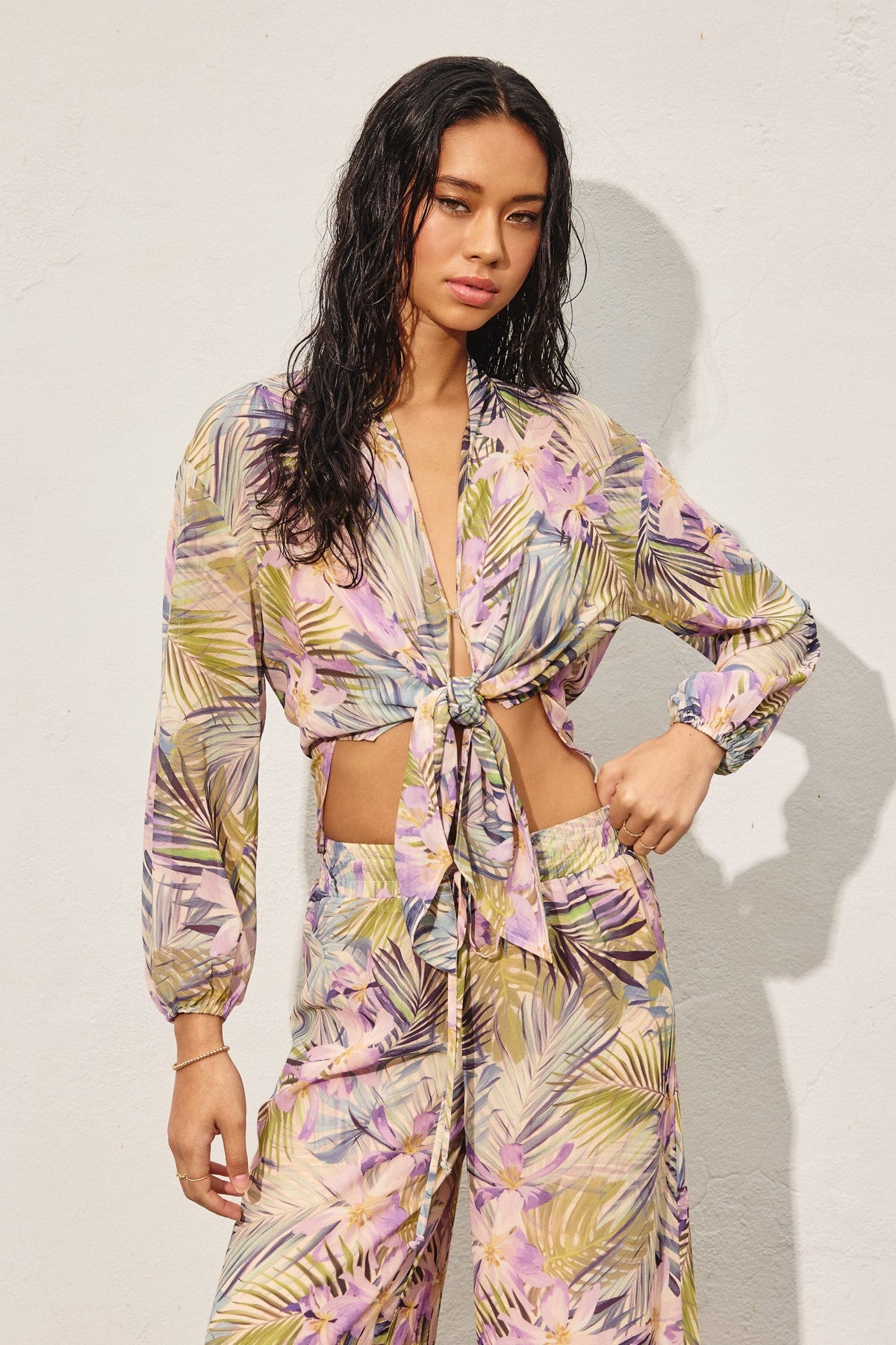 Tropical Lilac & Green Tie-Front Sheer Blouse