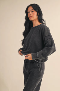 Vintage Wash Open Back Sweatshirt - Charcoal Relaxed Fit Pullover