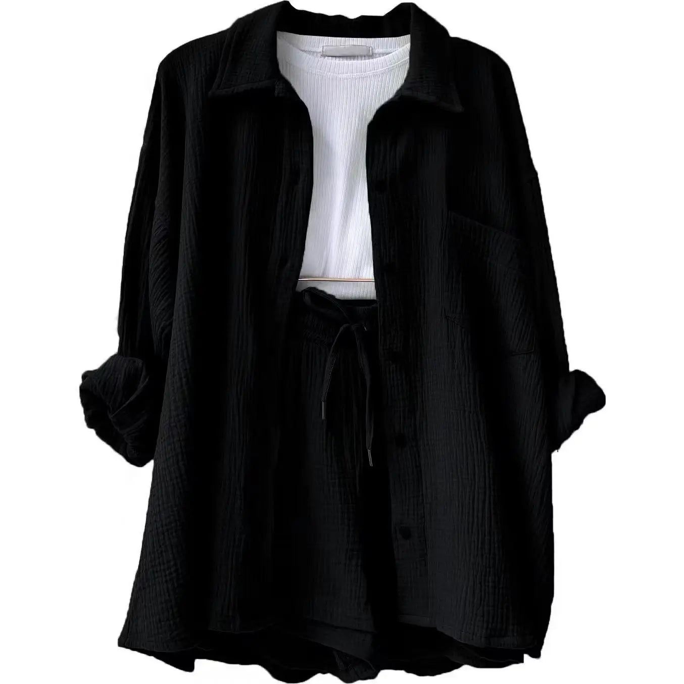 Black Relaxed Button-Up Shirt and Drawstring Shorts Two-Piece Set