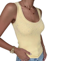 Ribbed U-Neck Tank Top with Rhinestones in Yellow