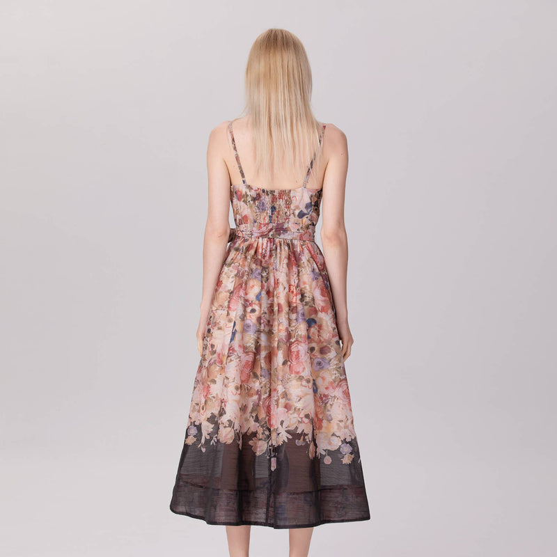 Floral Organza Midi Dress with Spaghetti Straps and Waist Tie