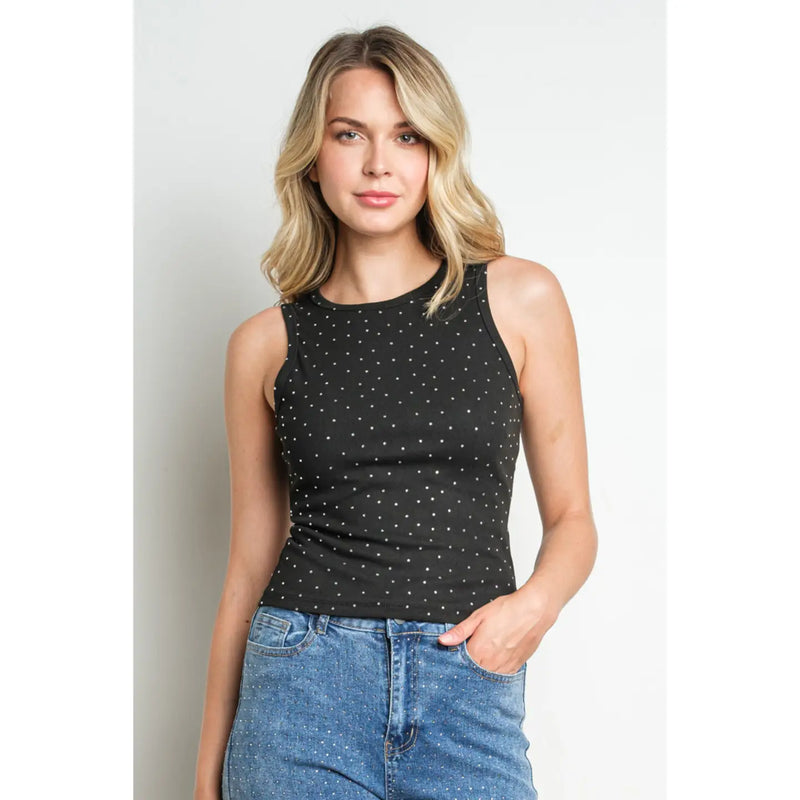 Embellished Sleeveless Black Tank Top