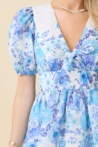 Floral Puff Sleeve Mini Dress with Bow Front Detail