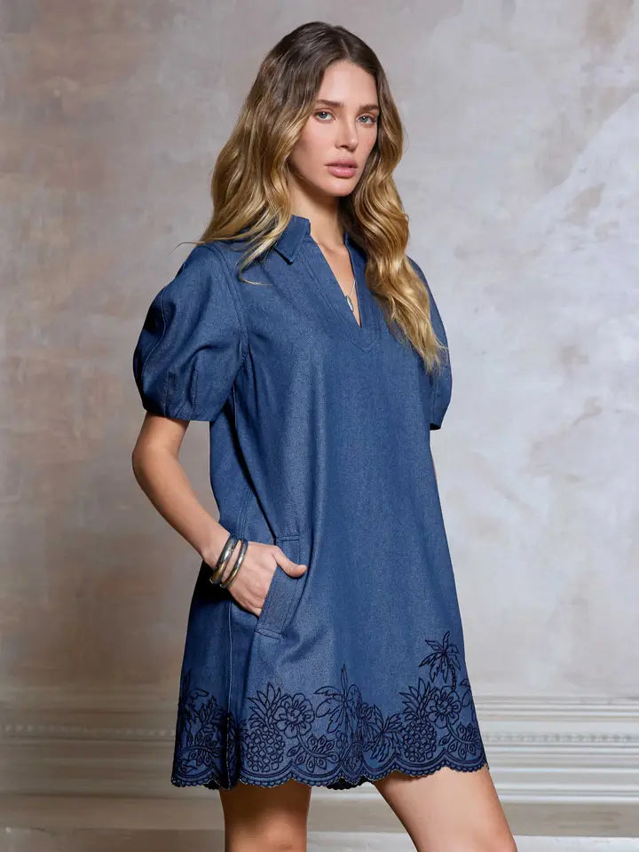 Denim Blue Embroidered Puff Sleeve Mini Dress