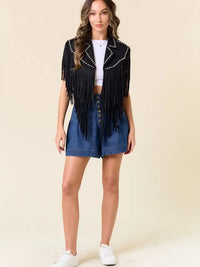 Black Fringe Cropped Western Shrug with Studded Trim