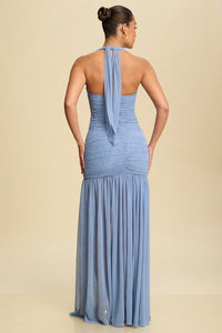 Ruched Halter Neck Slit Maxi Dress in Dusty Blue