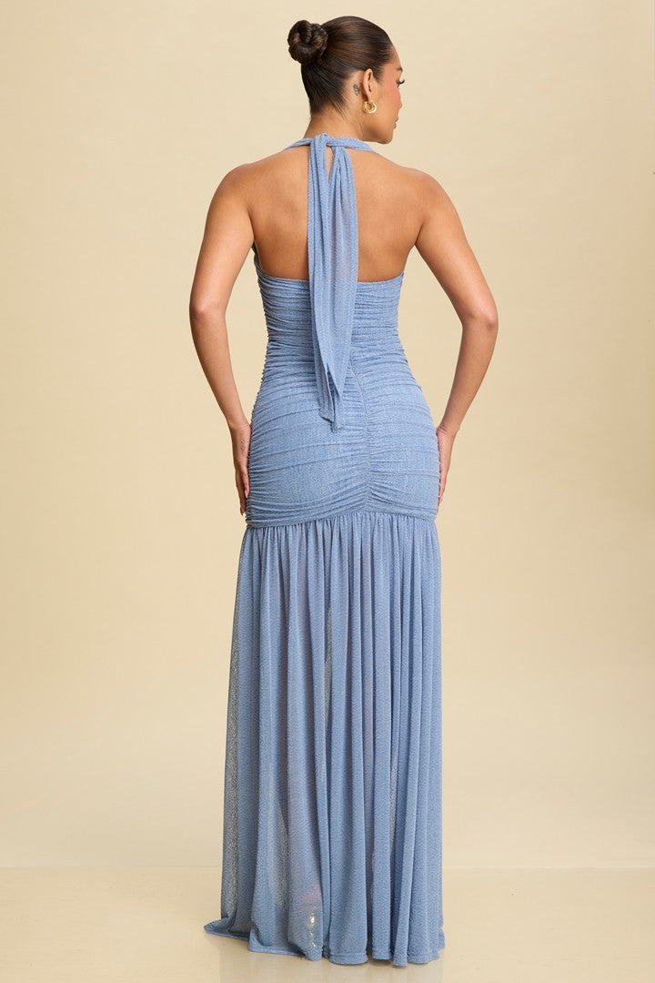 Ruched Halter Neck Slit Maxi Dress in Dusty Blue