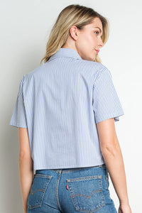 Blue Stripe Embellished Floral Applique Cropped Button Down Shirt