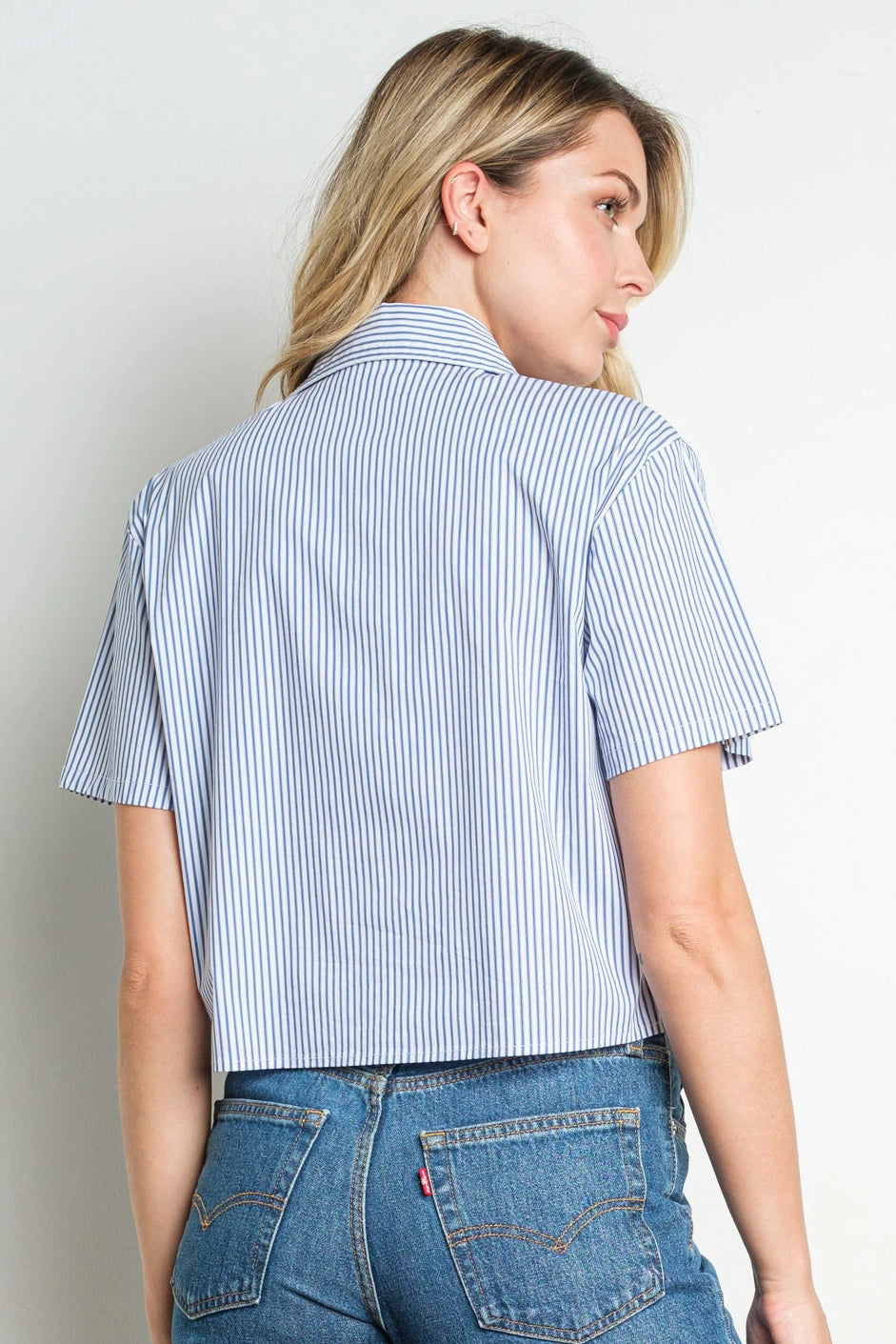 Blue Stripe Embellished Floral Applique Cropped Button Down Shirt