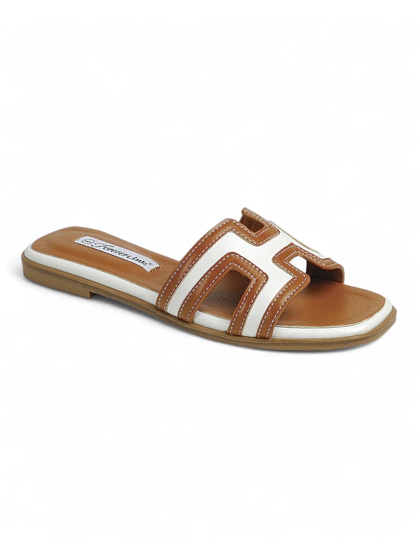 Brown and White Contrast Cutout Flat Slide Sandals