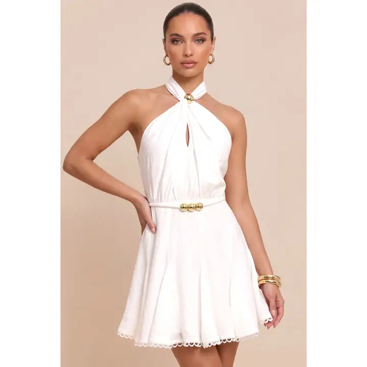 White Halter Mini Dress with Keyhole Detail and Gold Accent