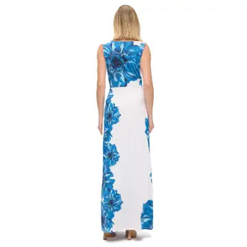 Blue Floral Print Deep V Tie Waist Maxi Dress with Slit