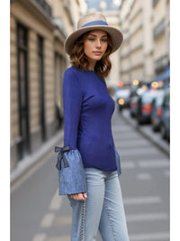 Blue Knit Top with Denim Bell Sleeves and Ribbon Ties
