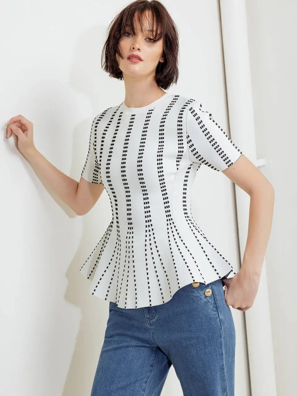 Monochrome Optical Illusion Peplum Knit Top