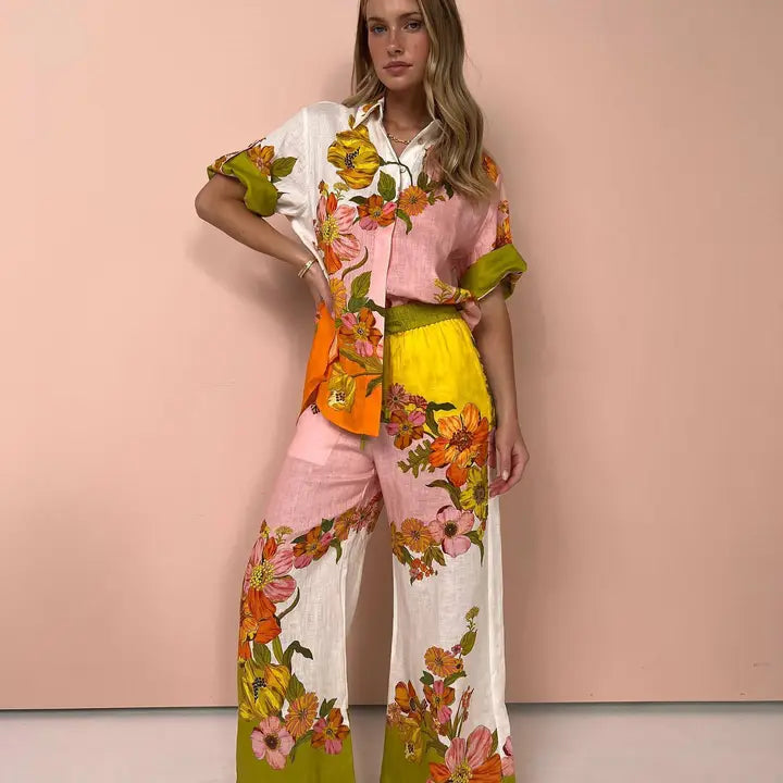 Colorblock Floral Print Button-Up Shirt and Wide Leg Pants Set