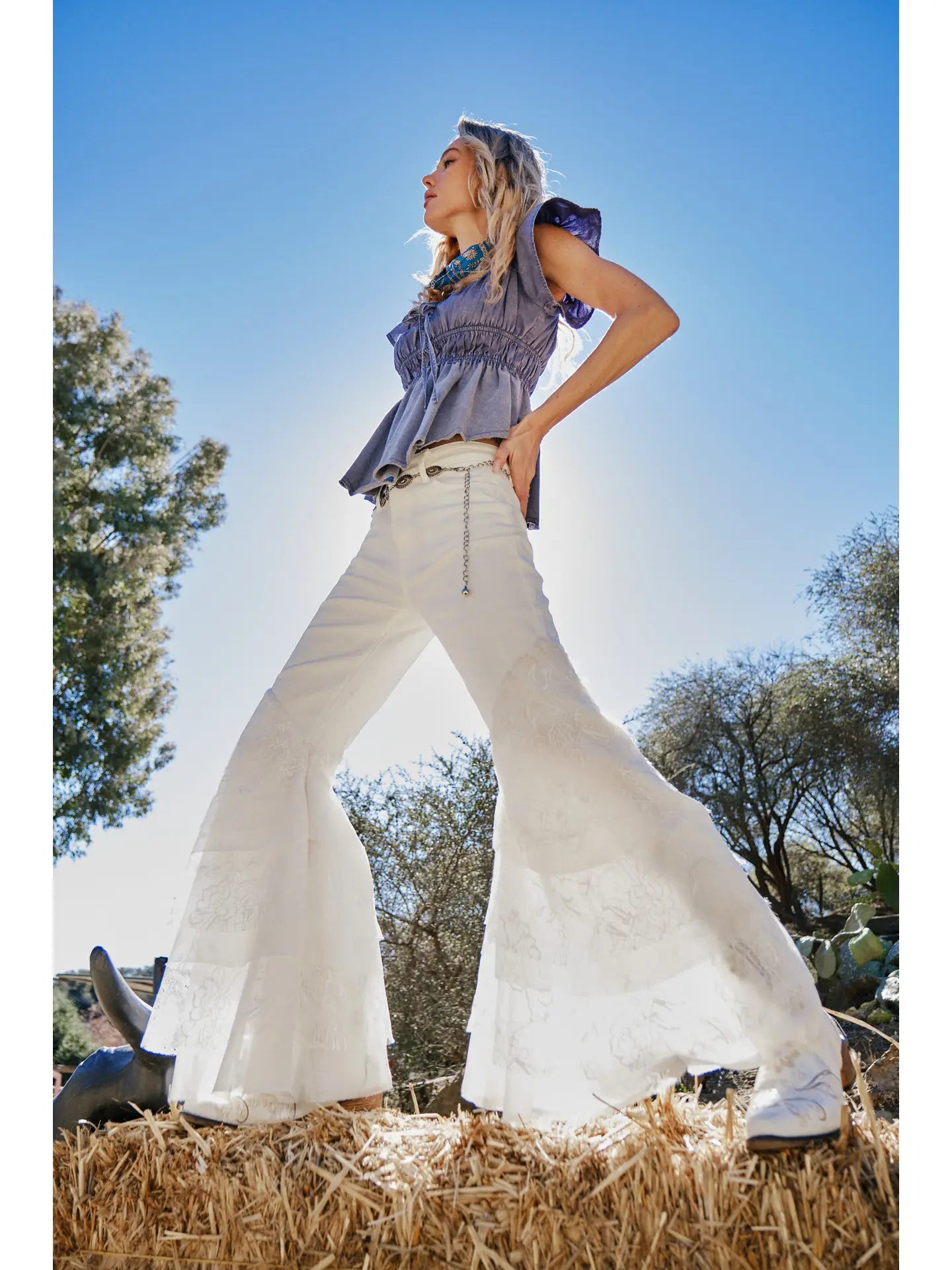 White Tiered Lace Bell Bottom Pants