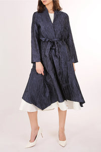 Blue Textured Belted Midi Coat