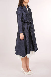 Blue Textured Belted Midi Coat