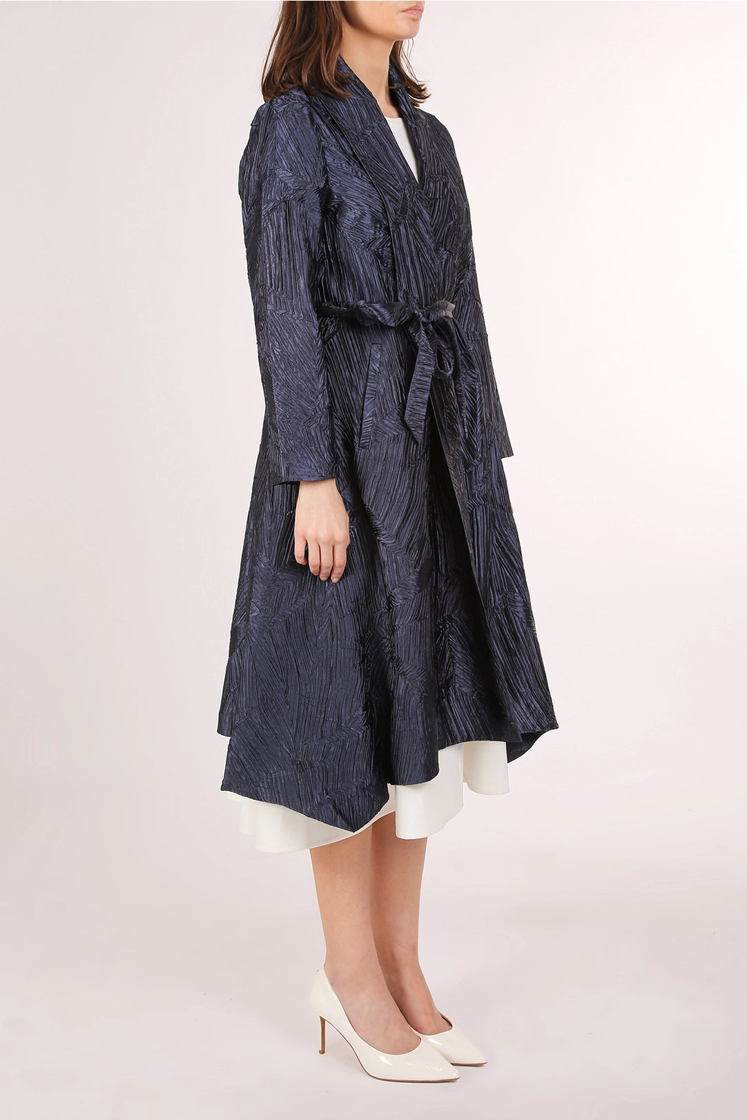 Blue Textured Belted Midi Coat