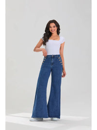 High Waist Button Detail Wide Leg Flare Jeans