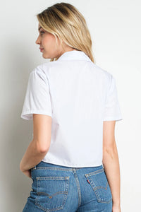 White Stripe Embellished Floral Applique Cropped Button Down Shirt