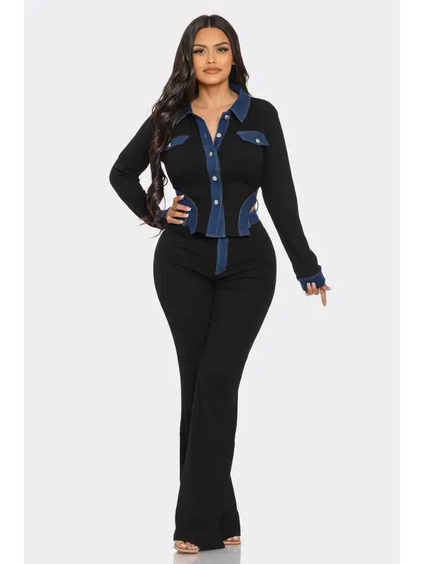 Contrast Trim Button-Up Top & Flare Pants Set