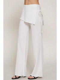 White Textured Wrap Detail Wide Leg Pants