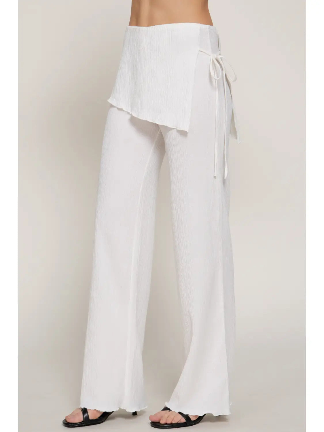 White Textured Wrap Detail Wide Leg Pants