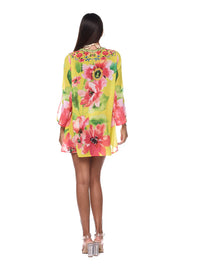 Floral Embroidered Tie-Front Chiffon Cover-Up Dress
