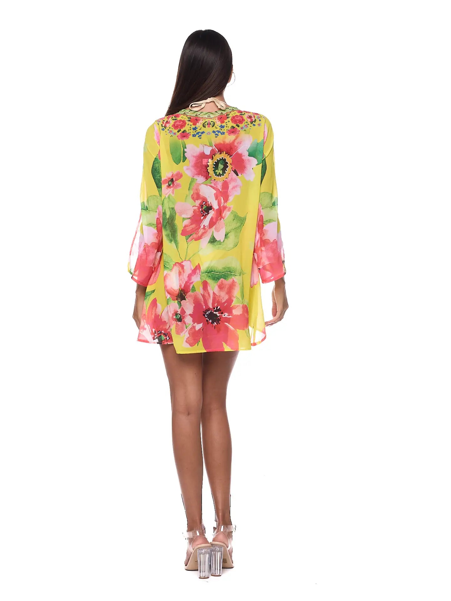 Floral Embroidered Tie-Front Chiffon Cover-Up Dress